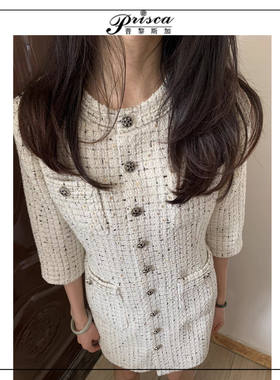 春秋连衣裙2024新款女装高级感收腰法式小香风粗花呢裙子小众设计