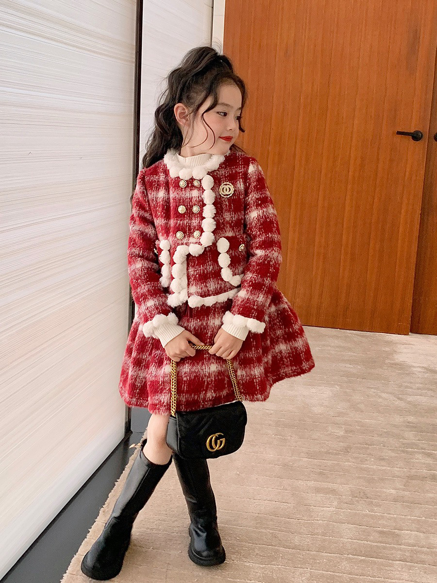 女童小香风套装儿童秋冬季女宝宝时尚香奶奶夹棉背心裙女毛呢外套
