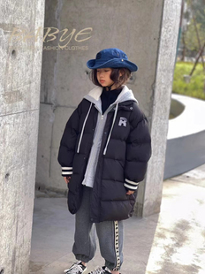 兒童羽絨服外套男女童洋氣假兩件連帽百搭保暖面包長款