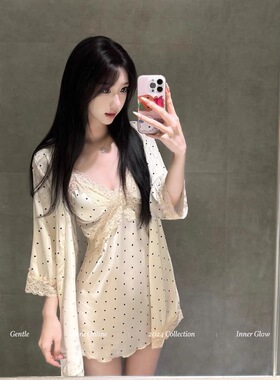 娇媚依睡衣性感蕾丝波点吊带带胸垫可外穿睡裙带外袍套装家居服女