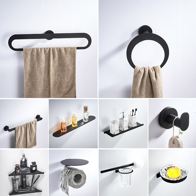304不锈钢毛巾架浴室挂杆置物架卫生间黑色收纳架壁挂马桶刷套装