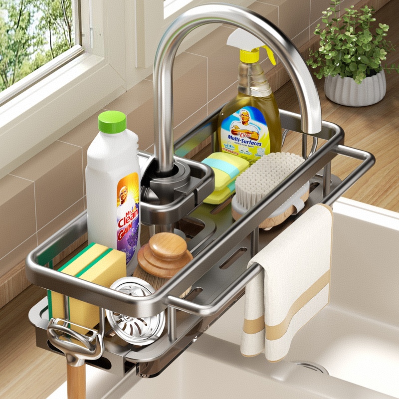 太空铝水龙头置物架太空铝沥水篮厨房水槽收纳挂钩抹布架免钉板篮