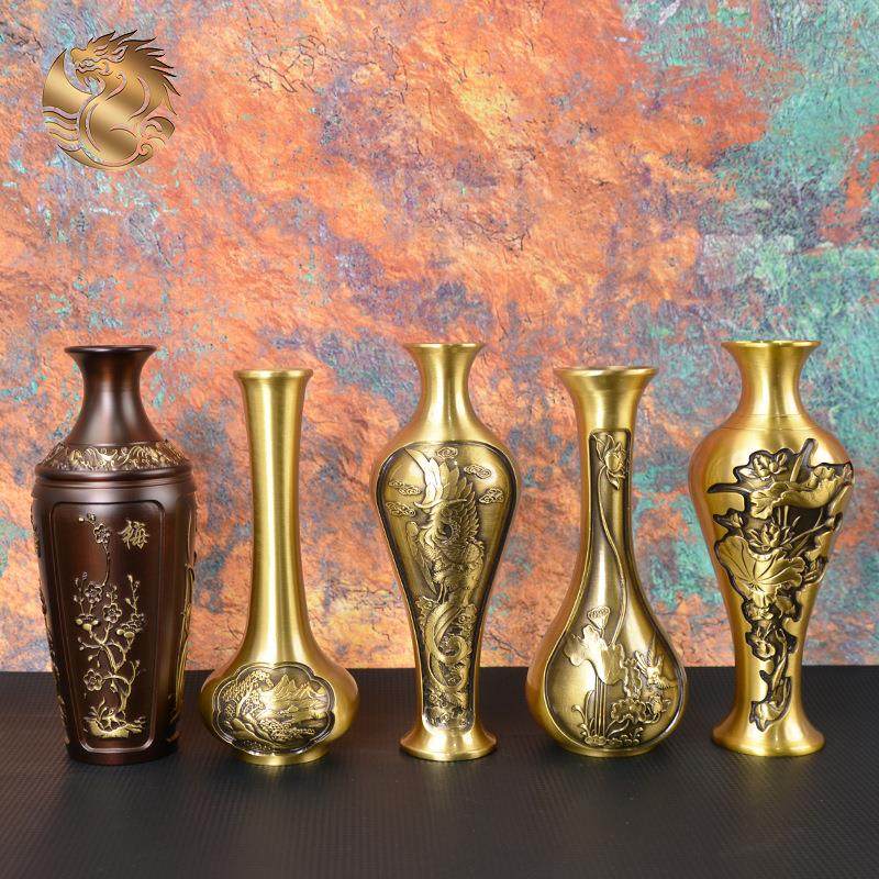 宏达 全黄铜浮雕龙凤呈祥铜花瓶办公室玄关花瓶铜器摆件