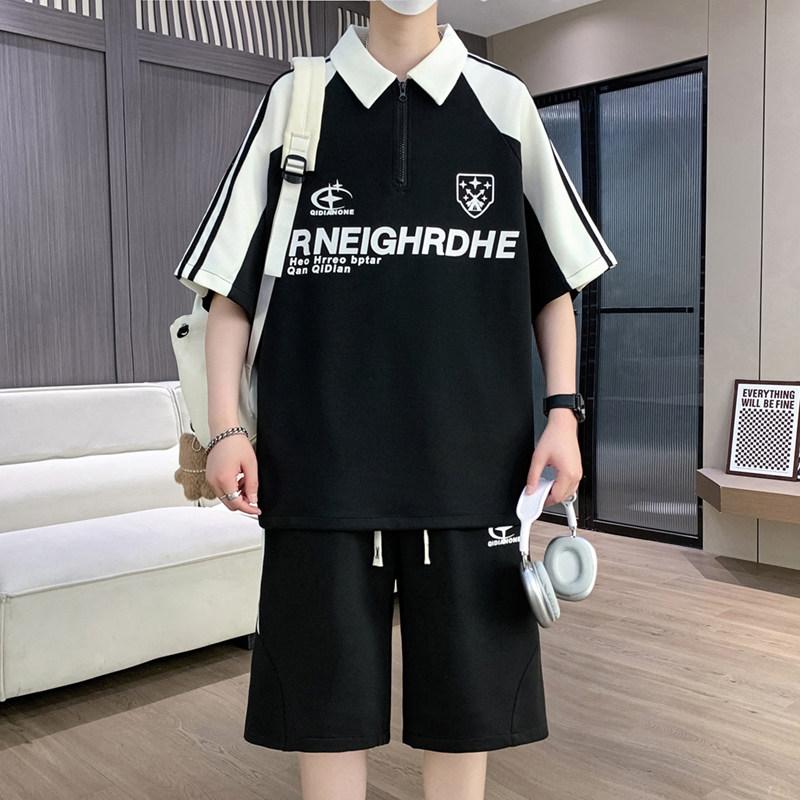 美式休闲风夏季半拉链短袖POLO衫套装男生青少年潮牌运动两件套潮