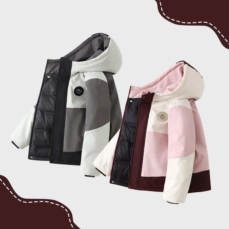 儿童撞色户外登山羽绒服大衣秋冬款男女中大童装保暖连帽羽绒外套