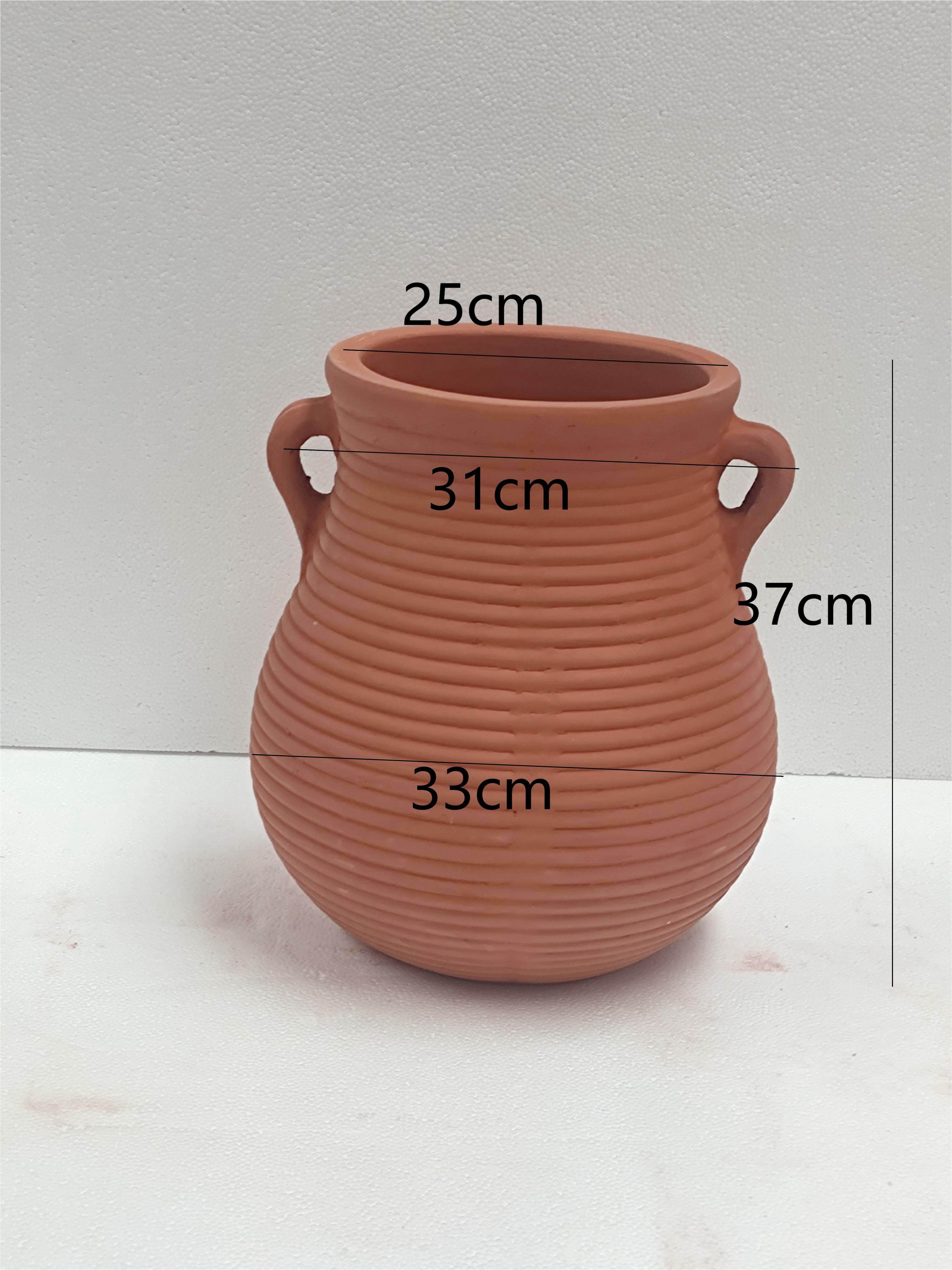 双耳线条红泥陶花盆 庭院户外陶罐装饰 手工制作 陶盆