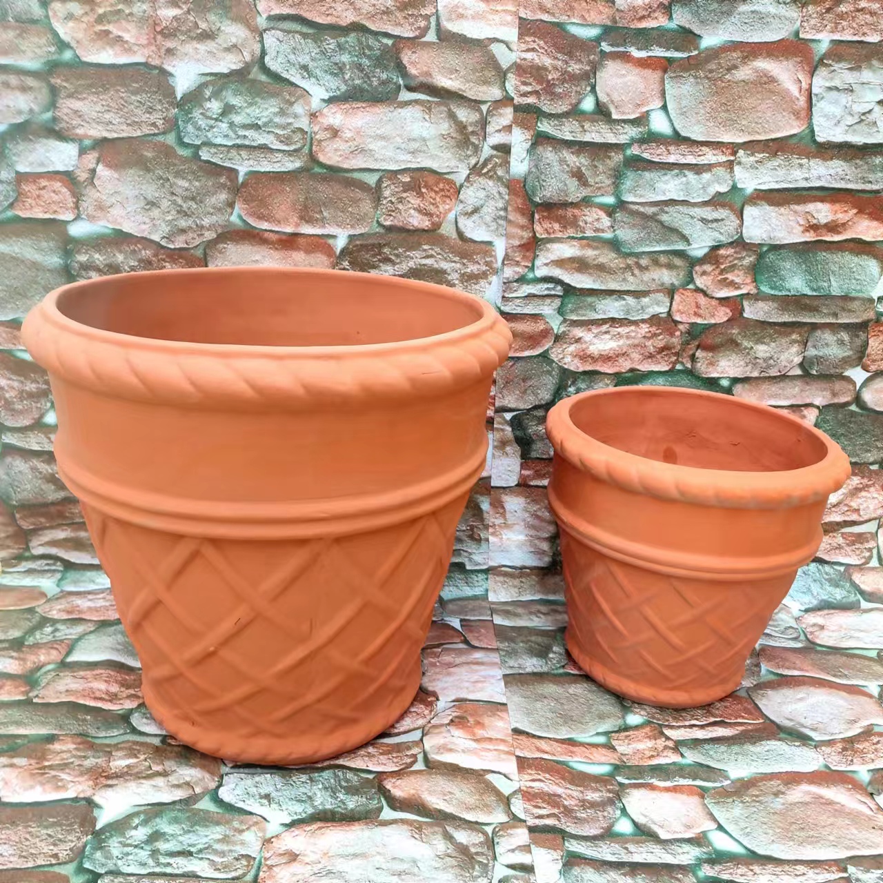 花边网格红陶罐花盆别墅庭院种树粗陶复古陶土陶瓷欧式图案青山