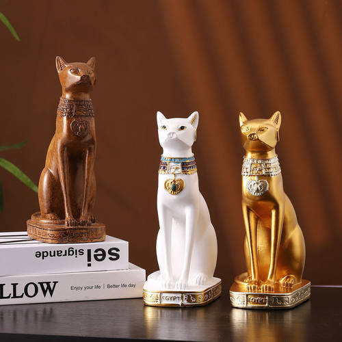 欧式书柜埃及猫工艺品办公室装饰品桌面猫咪摆件金色可爱复古白色
