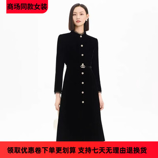 【配腰带】娜家同款2025秋季新款黑色蕾丝花边拼接显瘦丝绒连衣裙