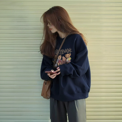 藏蓝色加绒加厚圆领卫衣女设计感