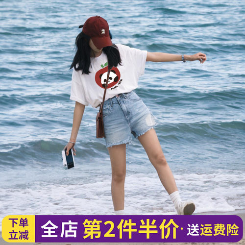 oversize国朝熊猫印花短袖t恤女
