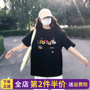 ins风韩系简约休闲黑色正肩t恤女短袖 高级感字母印花纯棉上衣潮牌