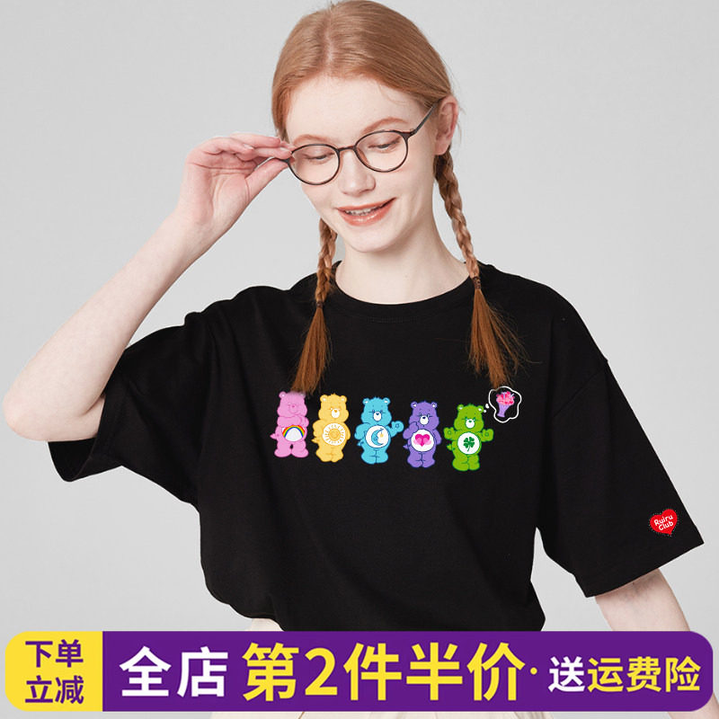 chic港风小熊oversize纯棉黑色短袖女t恤2025夏季ins韩系圆领上衣