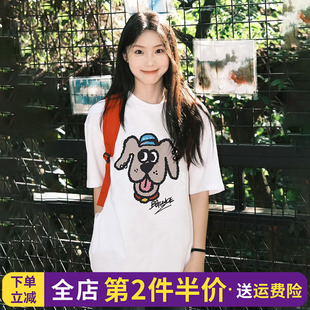 ulzzang小众设计感卡通印白色短袖 宽松通勤百搭上衣潮牌 t恤女夏季