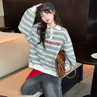 儿童女孩条纹上衣 女童卫衣春秋装 2025新款 大童韩版 炸街翻领POLO衫