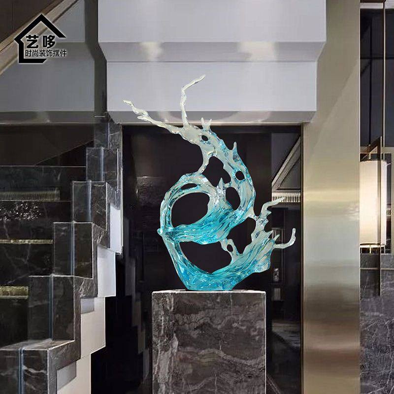 透明水晶水花招财摆件酒店大堂落地装饰品售楼处软装大型浪花雕塑