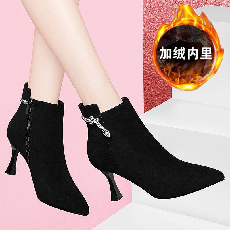 新款高跟秋季棉尖头保暖靴短2021年细g靴跟春瘦瘦绒面女短靴单