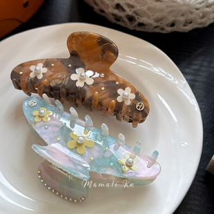 复古氛围感鲨鱼夹 春夏甜美花朵醋酸抓夹少女梦幻粉蓝色盘发抓法式