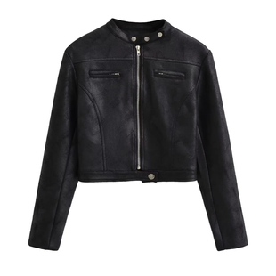 2026早春新款复古做旧棕色立领修身水洗纹皮衣外套ins鹿皮短款夹