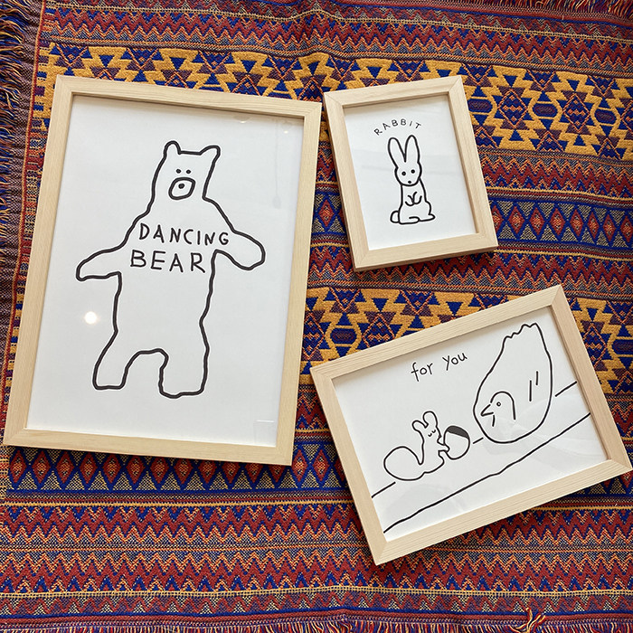 韩国插画师简笔画粗线条可爱熊兔子白鸽装饰画多款入