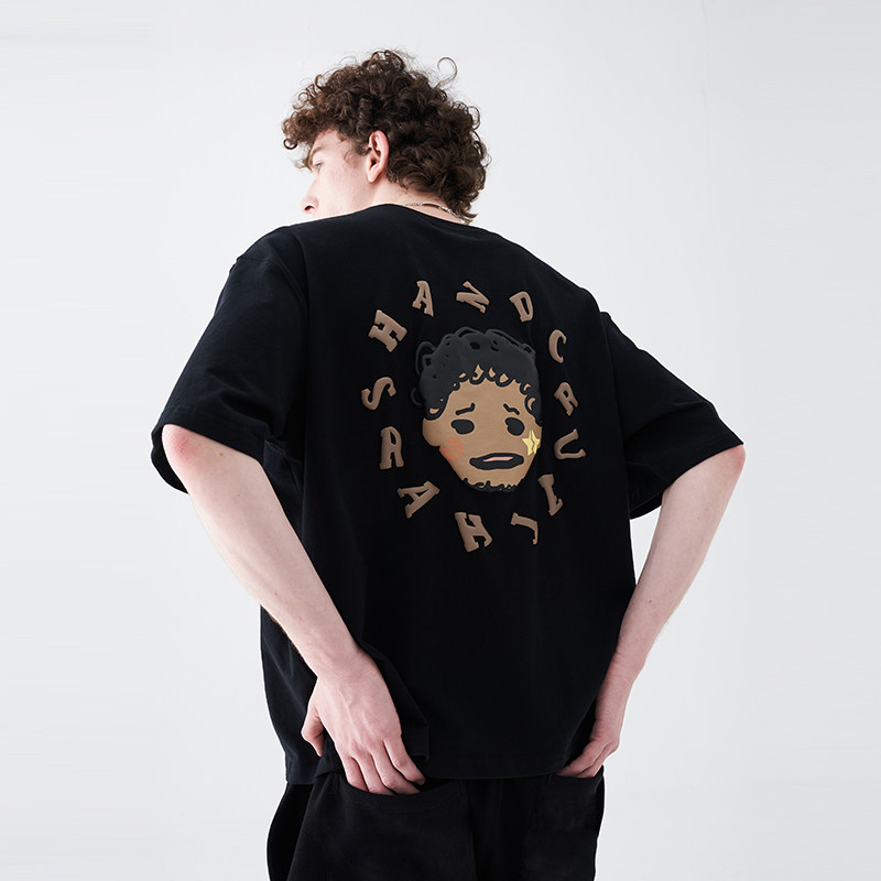 harsh and cruel 美式街头涂鸦卡通黑人小孩立体 发泡印花短袖t恤