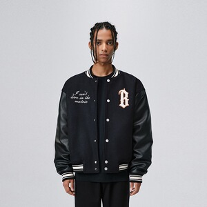 BONELESS弧形logo毛巾绣拼接棒球服美式复古男PU皮刺绣夹克外套