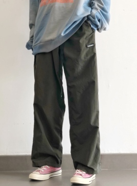 PUNIAMA2020日系复古宽松直筒阔腿锥形尼龙腰带轻薄休闲垂感长裤