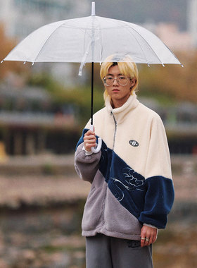 1997邮政局 国潮撞色拼接羊羔绒开衫情侣装卫衣羊羔毛外套男冬季