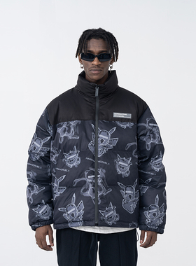 harsh and cruel手绘神奇宝贝全幅印花拼接棉服立男女外套潮