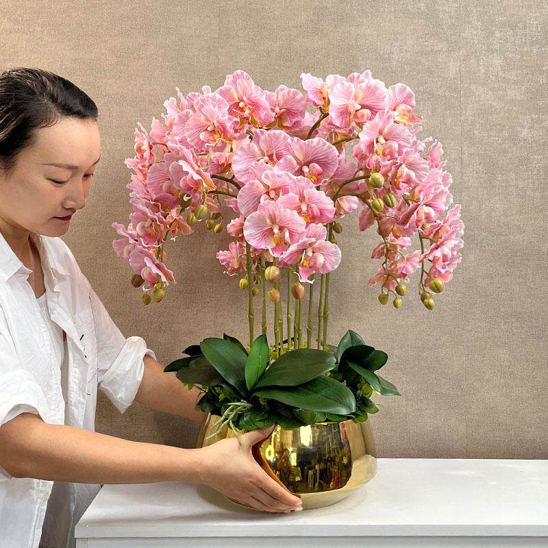 手感蝴蝶兰盆栽仿真花电视柜摆设酒店前台高品质中式装饰花艺套装