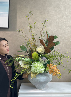 高档玄关仿真花束成品放空花瓶高级感客厅摆花绿色系装饰假花摆件
