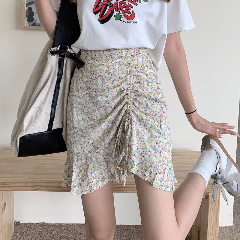 Real shot real price Korean loose drawstring adjustable half length floral skirt shows thin and versatile A-line short skirt