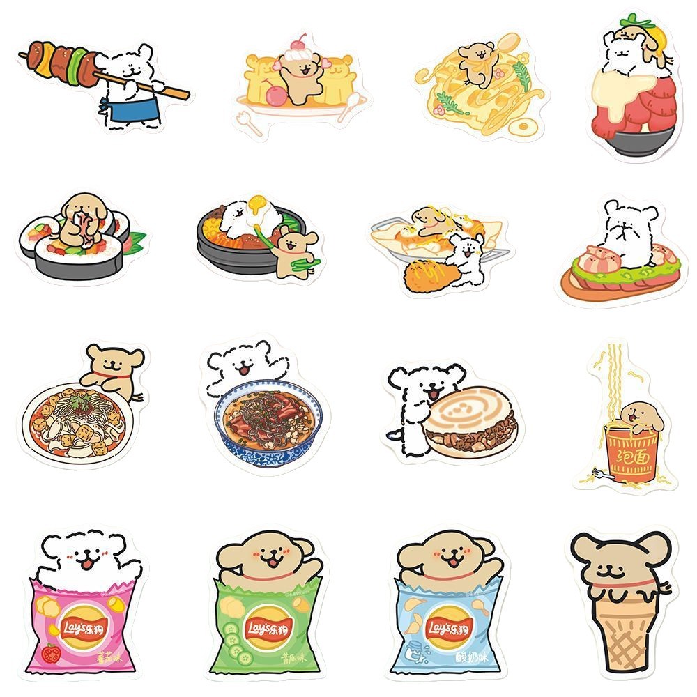 新款张食物线条小狗贴纸可爱手绘卡通爆款马尔济斯小鸡毛手机贴画