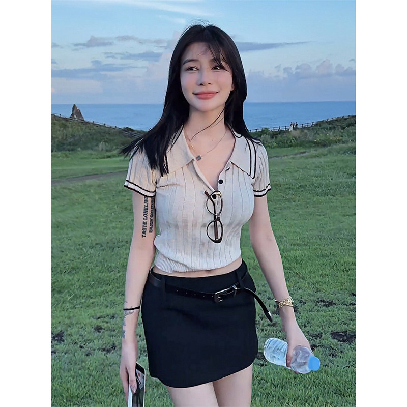 老钱风杏色polo领针织短袖t恤女夏季穿搭小个子独特修身miu系上衣