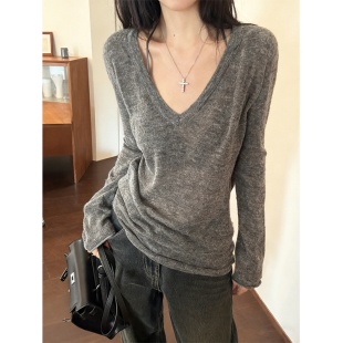 巨好看灰色大v领针织衫女早秋冬老钱风穿搭修身内搭打底罩衫上衣