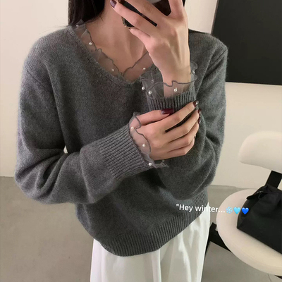 小香气质蕾丝v领针织打底衫毛衣