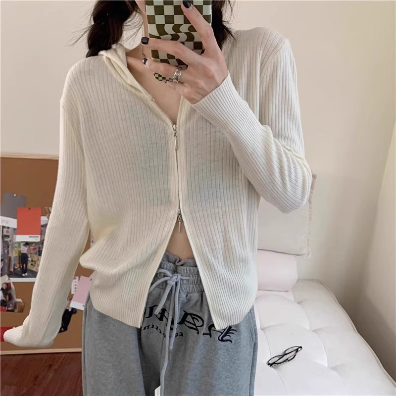 白色薄款冰丝连帽针织开衫女夏季双拉链宽松短款防晒空调罩衫上衣