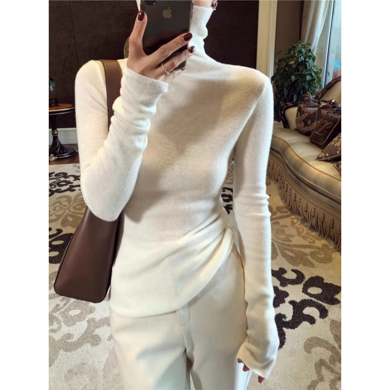 白色高领针织打底衫毛衣女秋冬季内搭设计感修身显瘦气质长袖上衣