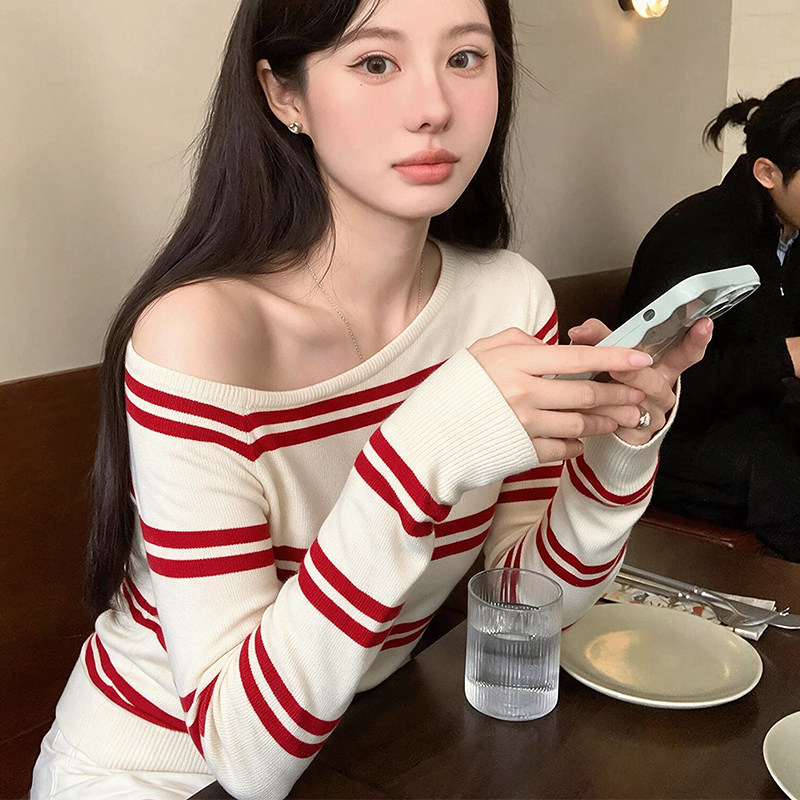 条纹斜肩长袖t恤修身针织衫上衣