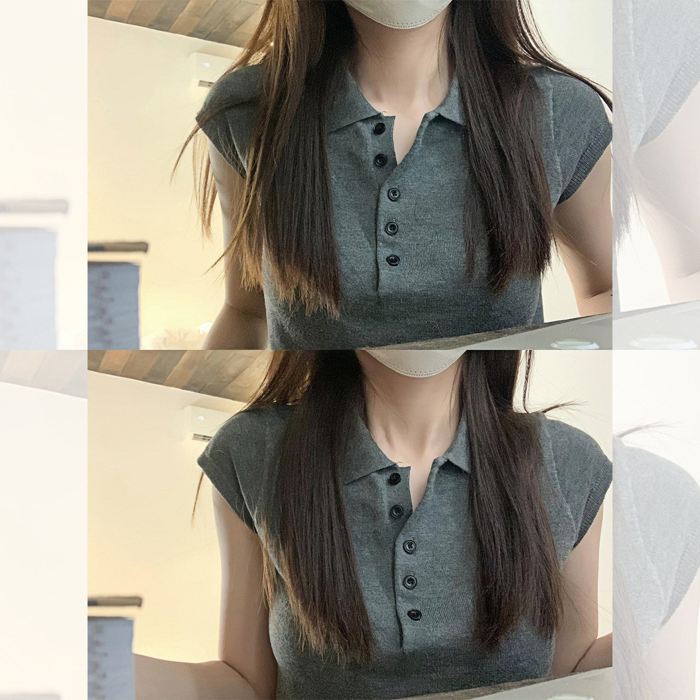 淡人高知灰色polo衫短袖t恤女夏季老钱风穿搭正肩修身针织衫上衣