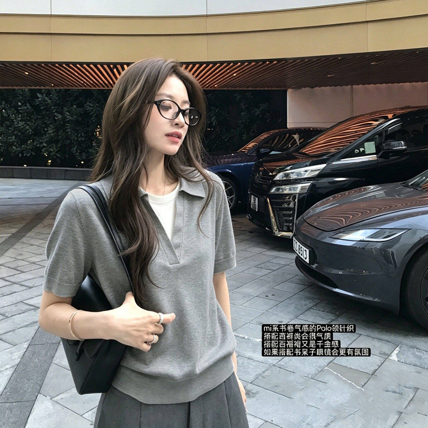 韩系灰色假两件polo衫短袖t恤女夏季老钱风正肩宽松v领针织衫上衣