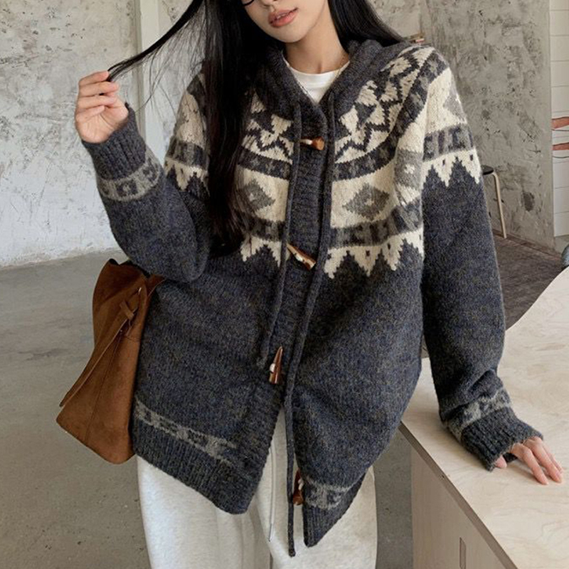 灰色费尔岛重工连帽毛衣外套女秋冬季慵懒风宽松加厚针织开衫上衣