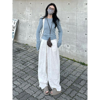 韩系蓝色长袖薄款T恤罩衫女微透