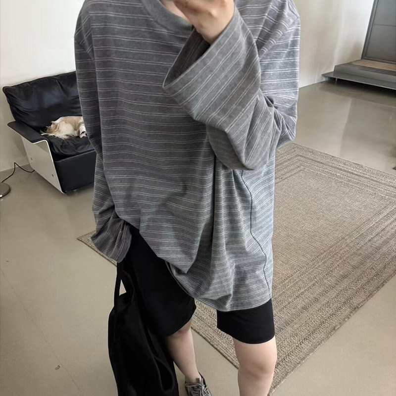 松弛感条纹圆领长袖t恤罩衫上衣