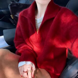氛围感红色v领毛衣女秋冬圣诞新年穿搭宽松软糯翻领针织衫上衣厚
