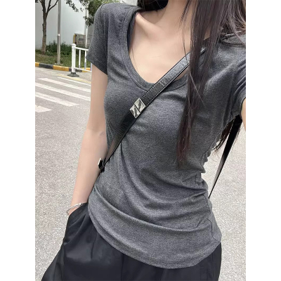 修身灰色U领短袖正肩T恤女夏季潮
