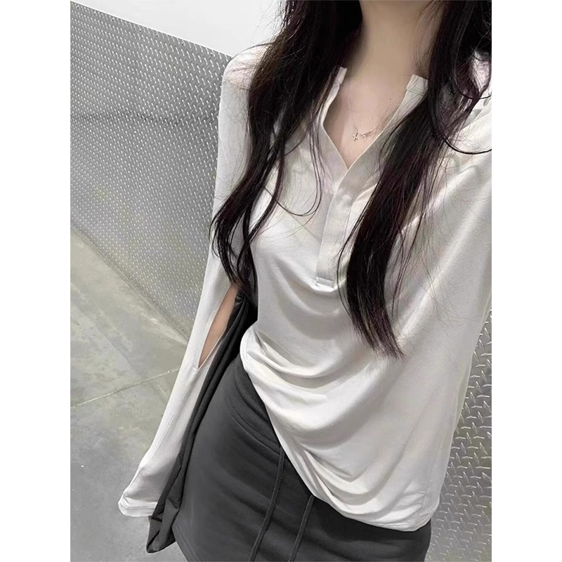 韩系白色半开领正肩长袖t恤女夏日薄款镂空防晒罩衫修身显瘦上衣