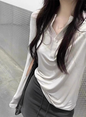 韩系白色半开领正肩长袖t恤女夏日薄款镂空防晒罩衫修身显瘦上衣