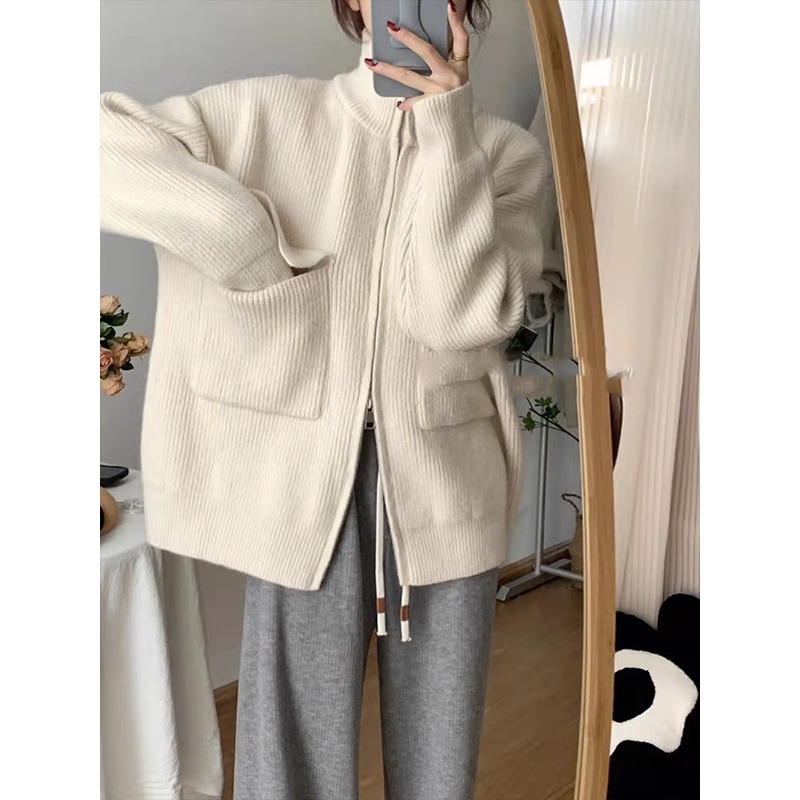 米白色高领双拉链毛衣外套女秋冬外搭慵懒风宽松软糯短款针织上衣