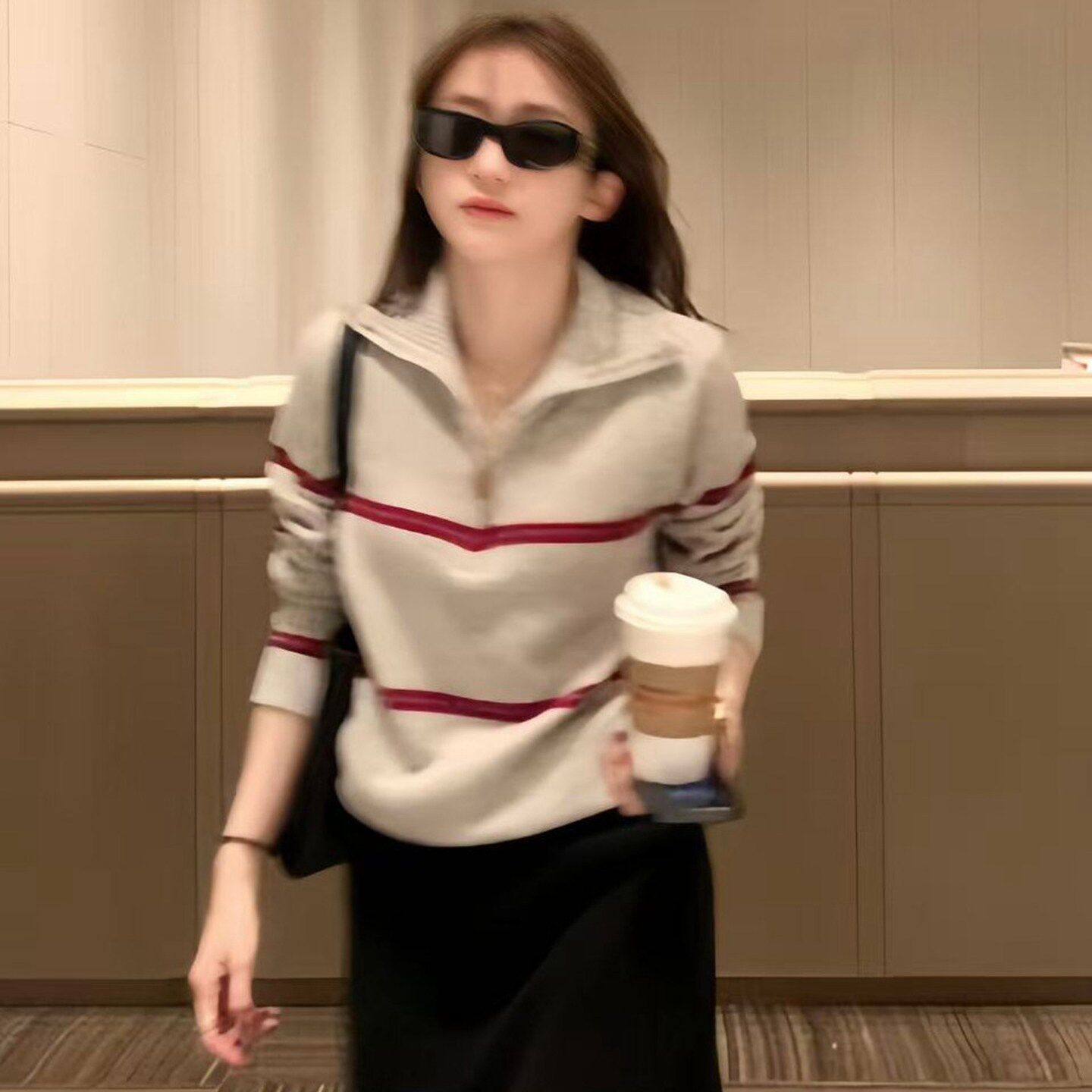 韩系半拉链条纹毛衣翻领针织上衣